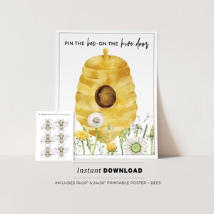 May include: Printable game for a bee-themed party. The game is called "Pin the bee on the hive door". It includes a yellow and brown beehive with a hole in the front and a sheet of bees to pin on the hive. The game is available in two sizes: 16x20 inches and 24x36 inches.