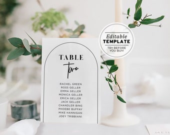 Noir Arch Minimalist Editable Seating Card Sign Template, Table Number Sign With Guest Names #049