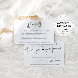 Minimalistische Wax Melts-veiligheid, instructies en bedankkaartje, 3 x 5 inch, bedankverpakking | BEWERKBARE SJABLOON #050 #043 Juliette