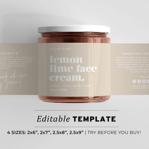 Jar Label Template, Wrap Around Ingredients Label,Minimalist Esthetician Small Business Product Label, Printable Editable Template #053 #043