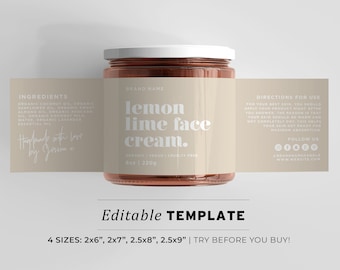 Jar Label Template, Wrap Around Ingredients Label,Minimalist Esthetician Small Business Product Label, Printable Editable Template #053 #043