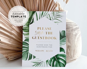 Tui Tropical Leaf & Gold Guestbook Sign, Editable Template, Printable #042