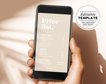 Minimalist Electronic Price List Template, Instagram Price List, iMessage Price List | EDITABLE TEMPLATE Scandi #053 #043