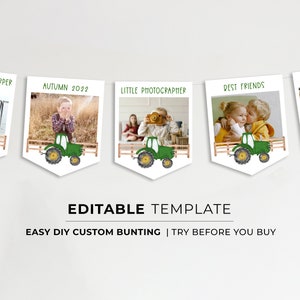 Minimalist Green Tractor Birthday Photo Banner Printable | EDITABLE TEMPLATE #058