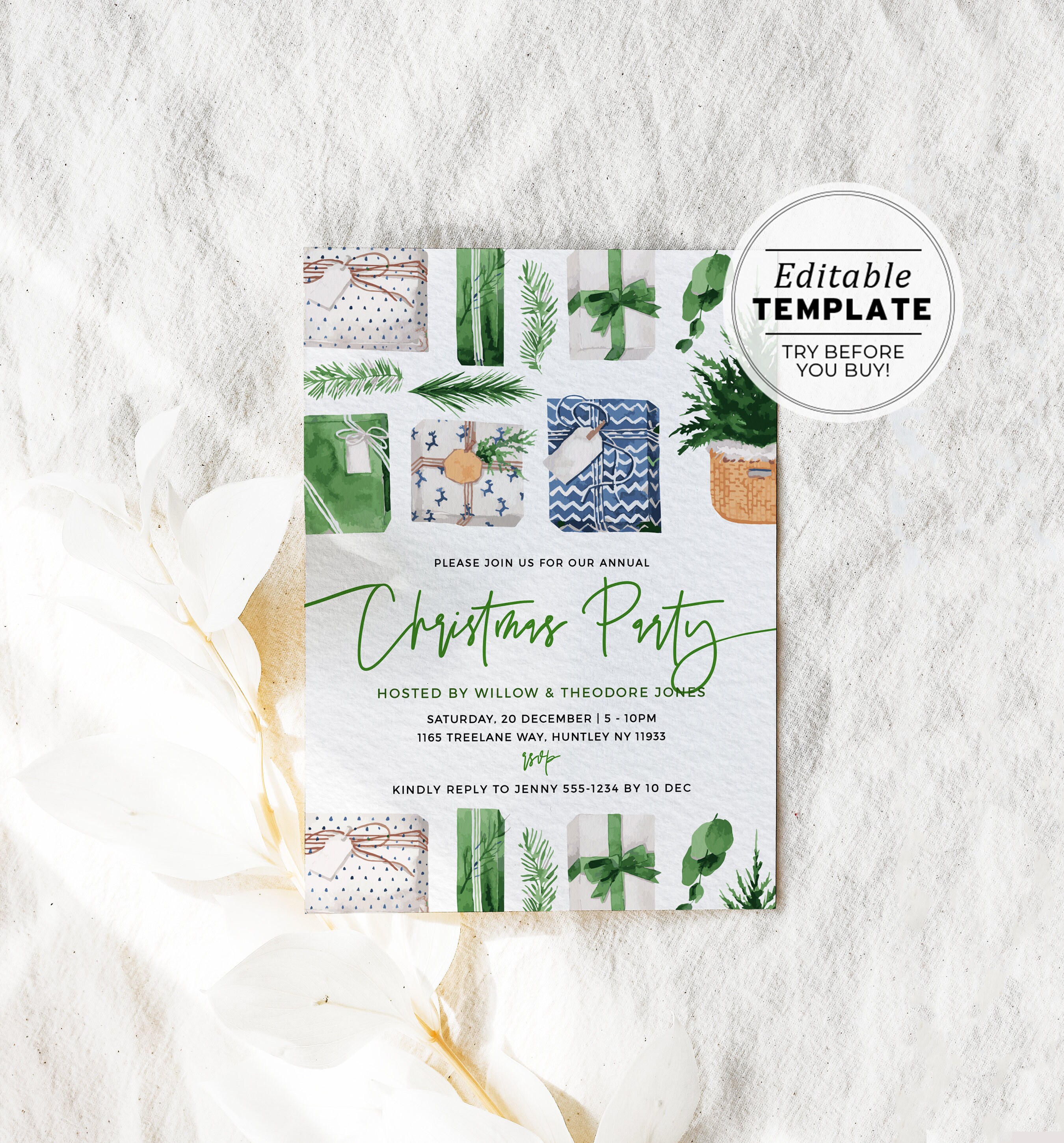 Flatlay Christmas Party Invitation Template, Christmas Party Invitation, Editable Template 