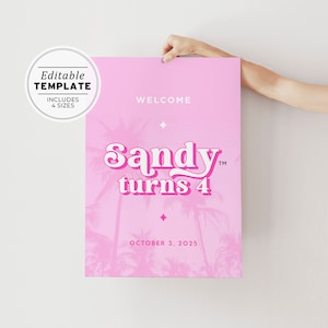 Malibu Pink Birthday Welcome Sign, Birthday Party Sign | PRINTABLE EDITABLE TEMPLATE #102