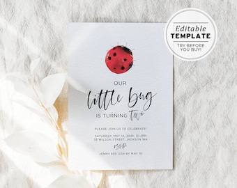 Minimalist Bug Themed Birthday Party Invite Template | EDITABLE TEMPLATE