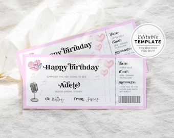 Printable Concert Gift Voucher Template, Concert Ticket Gift, Valentines Day Coupon | EDITABLE TEMPLATE #082