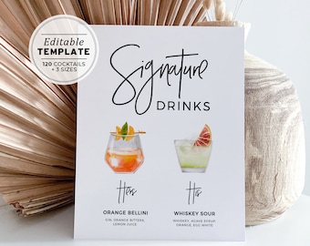 Signature Drinks Sign, Watercolor Signature Cocktail Menu, 120+ Cocktails, His and Hers Drinks Sign, Printable Editable Template #004 Juliet