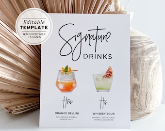 Cocktail Menu Sign, Juliette Watercolor Signature Cocktail Menu, 120+ Cocktails, His and Hers Drinks Sign Template | EDITABLE TEMPLATE #004