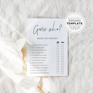 Bridal Shower Game, Guess Who Game, Wedding Shower Game, Hens Party Game, Bachelorette Party Game, Printable Editable Template #004 Juliette