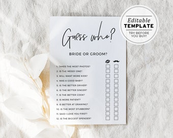 Bridal Shower Game, Guess Who Game, Wedding Shower Game, Hens Party Game, Bachelorette Party Game, Printable Editable Template #004 Juliette