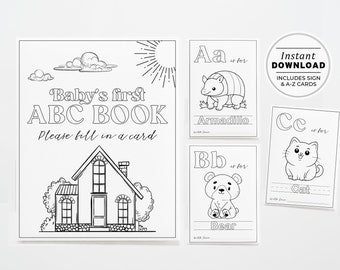 ABC Coloring Book, Baby Shower Activity, Alphabet Flash Cards First abc, Printable Editable Template