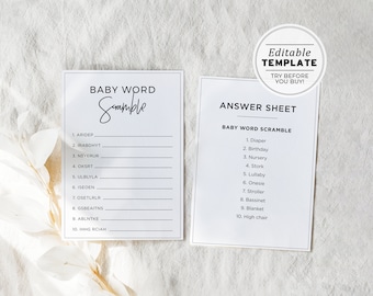 Juliette Baby Word Scramble Game, Printable Baby Shower Game, Baby Shower Activity | EDITABLE TEMPLATE #004