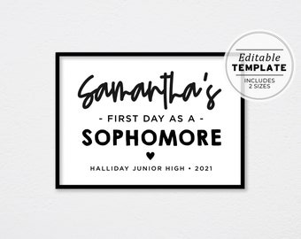 First Day as a Sophomore Sign Template, Back to School Printable, First Day Picture, First Day Photo Prop | EDITABLE TEMPLATE