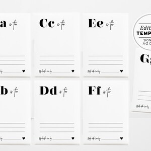 May include: Printable alphabet cards with black letters and the text "is for" on each card. The cards are blank for writing in the name of a person or thing that starts with that letter. The cards are part of an editable template for sign and A-Z cards.