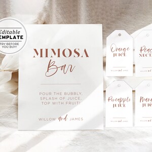 Ceramica Minimalist Mimosa Bar Sign and Tag Template, Printable Mimosa Sign | EDITABLE TEMPLATE #045