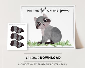 Pin the Tail on the Raccoon Kids Party Game Printable Poster, Birthday Party Game, INSTANT DOWNLOAD