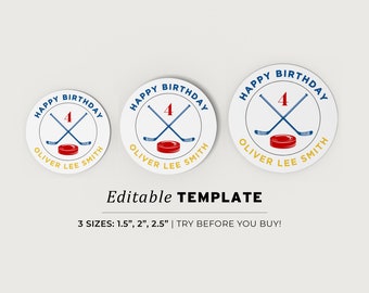 Minimalist Hockey Themed Round Sticker, Birthday Party Favor Sticker Printable | EDITABLE TEMPLATE #101