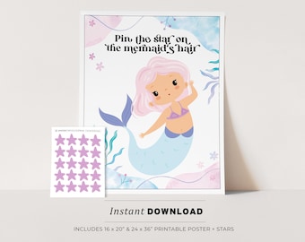 Kids Party Game, Pin the Star on the Mermaid Printable Poster, Birthday Party Game | Mermaid Missy | INSTANT DOWNLOAD #112