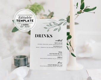 Chelsea Leafy Minimalist Bar Menu Small Sign, Printable | EDITABLE TEMPLATE #068