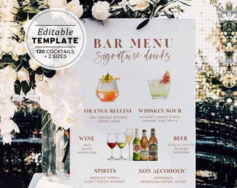 Drinks Menu Template, Watercolor Editable Drink Menu Sign, Minimalist Printable Bar Menu, 120+ Drink Images #004 Juliette