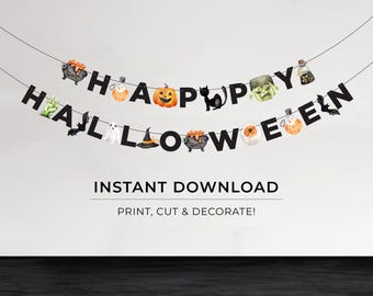 Watercolor Happy Halloween Bunting Printable, Halloween Decoration INSTANT DOWNLOAD #080