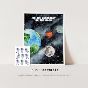 Pode incluir: Poster de jogo imprimível "Pin the Astronaut on the Moon" com uma ilustração em aquarela da Terra, da lua e de um planeta vermelho em um fundo estrelado azul escuro. Inclui um pôster imprimível de 16 x 20" e 24 x 36" e recortes de astronautas.