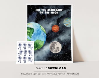 Pin the Astronaut on the Moon Kids Party Game Printable Poster, Birthday Party Game, INSTANT DOWNLOAD