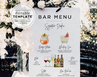 Bar Menu Template, Watercolor Editable Drink Menu Sign, Minimalist Printable Bar Menu, Signature Drink Sign, 120+ Drink Images #004 Juliette