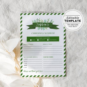 Lista de deseos de Navidad editable Imprimible, Lista de deseos de Navidad para niños / PLANTILLA EDITABLE Bálsamo #093
