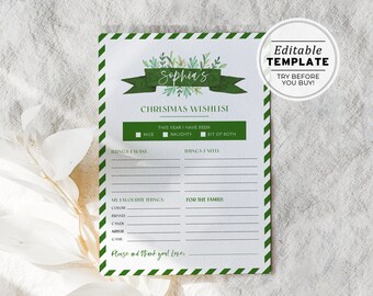 Editable Christmas Wishlist Printable, Christmas Kids Wishlist | EDITABLE TEMPLATE Balsam #093