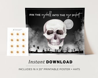 Halloween Pin the Eyeball onto the Skull, Halloween Printable Poster, Halloween Party Game, INSTANT DOWNLOAD #080