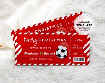 Druckbare Fußballspielticket Weihnachtsgeschenkvorlage, Fußballspielgeschenkkarte, Weihnachtsmanngeschenkgutschein | EDITIERBARE VORLAGE #056 #082