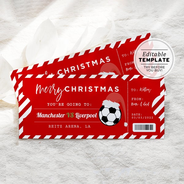 Afdrukbaar voetbalwedstrijdkaartje Kerstcadeausjabloon, voetbalspel cadeaubon, kerstcadeaubon | BEWERKBARE SJABLOON #056 #082