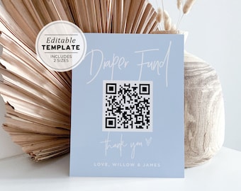 Powder Blue Baby Shower Diaper Fund QR Code, Wishing Well Sign Printable Sign | EDITABLE TEMPLATE #036