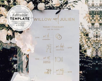Minimalist Gold Order of Events Wedding Itinerary Sign, Editable Template, Printable #017