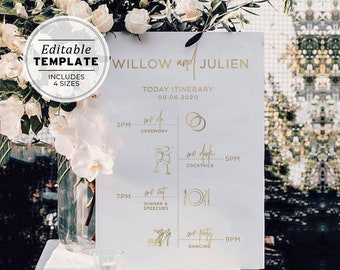 Minimalist Gold Order of Events Wedding Itinerary Sign, Editable Template, Printable #017