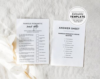 Juliette Bridal Shower Romantic Movie Quotes Game, Wedding Shower Game, Hen's Party Game | EDITABLE TEMPLATE #004