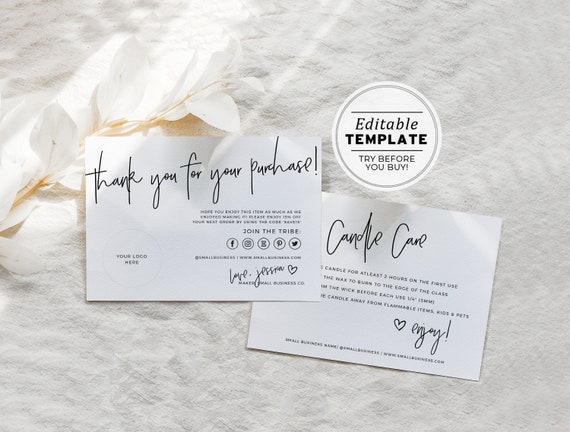 Juliette Minimalist Business Candle Care and Thank You Card, Thank You Package Insert | EDITABLE TEMPLATE #050 #043