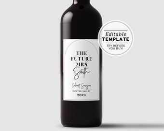 Noir Arch Minimalist 'The Future Mrs' Bridal Shower Wine Label Template | EDITABLE TEMPLATE, Printable #049