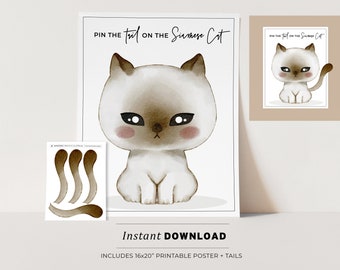 Pin the Tail on the Siamese Cat Kids Party Game Printable Poster, Birthday Party Game, INSTANT DOWNLOAD