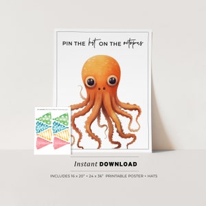 Pin the Hat on the Octopus Kids Party Game Printable Poster, Birthday Party Game, INSTANT DOWNLOAD