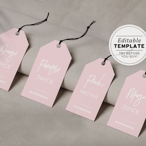 Blush Minimalist 'Mimosa Bar' Juice Carafe Hanging Tags | PRINTABLE EDITABLE TEMPLATE #035