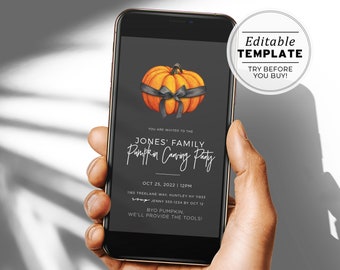 Minimalist Digital Pumpkin Carving Party E-Invite Template, Halloween Party Invitation Template | EDITABLE TEMPLATE