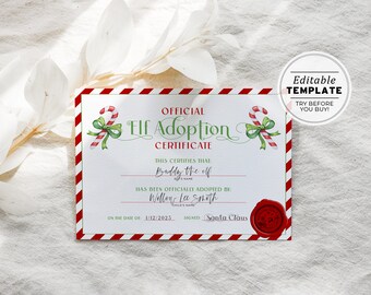 Elf Adoption Certificate, Christmas Elf Adoption Letter, Printable | EDITABLE TEMPLATE Buddy #091