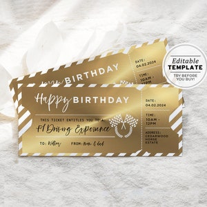 Printable Gold Car Racing Experience Ticket Birthday Gift Template, Surprise Gift Certificate | EDITABLE TEMPLATE #082