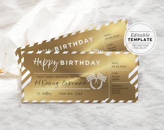 Printable Gold Car Racing Experience Ticket Birthday Gift Template, Surprise Gift Certificate | EDITABLE TEMPLATE #082