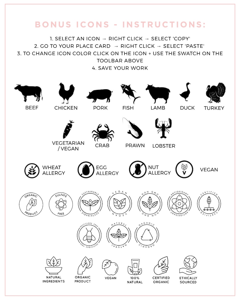 May include: Black and white icons of various food items, including beef, chicken, pork, fish, lamb, duck, turkey, vegetarian, crab, prawn, lobster, wheat allergy, egg allergy, nut allergy, and vegan.  Below the icons are black and white icons of various food labels, including organic product, sulfate free, sustainable, vegan, non-GMO, antioxidant, certified organic, natural ingredients, organic product, vegan, 100% natural, certified organic, and ethically sourced.