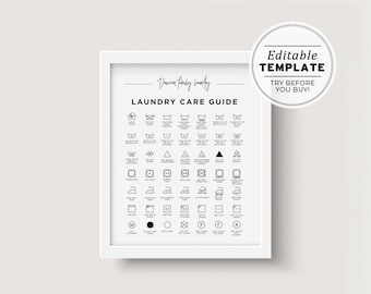 Minimalist Laundry Care Icon Sign, Washing Instructions Icons Printable | EDITABLE TEMPLATE Juliette #004